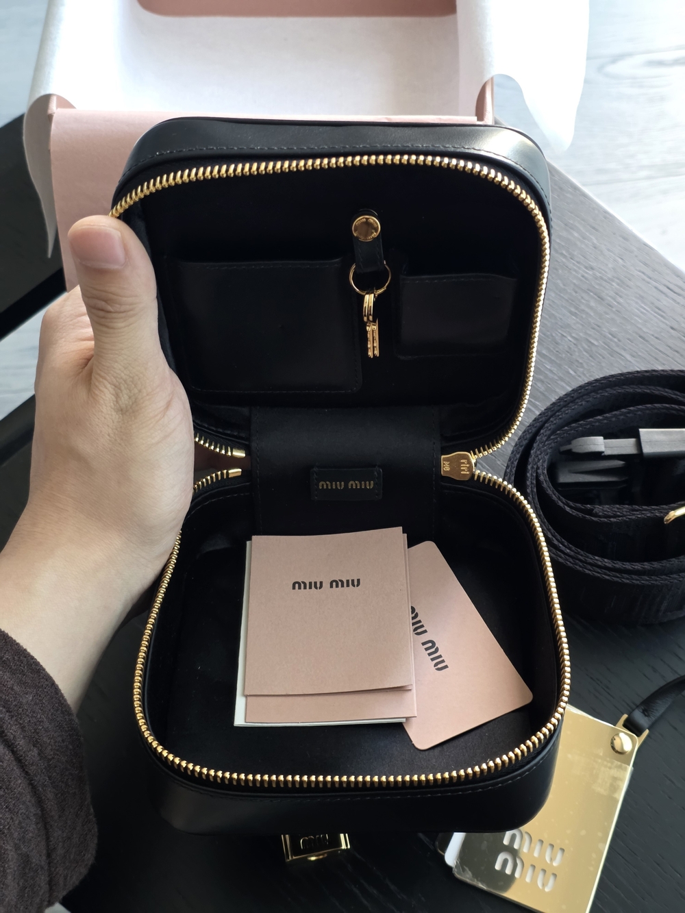 Miu Miu Black Leather Travel Case with Luggage Tag, Belt,Lock.